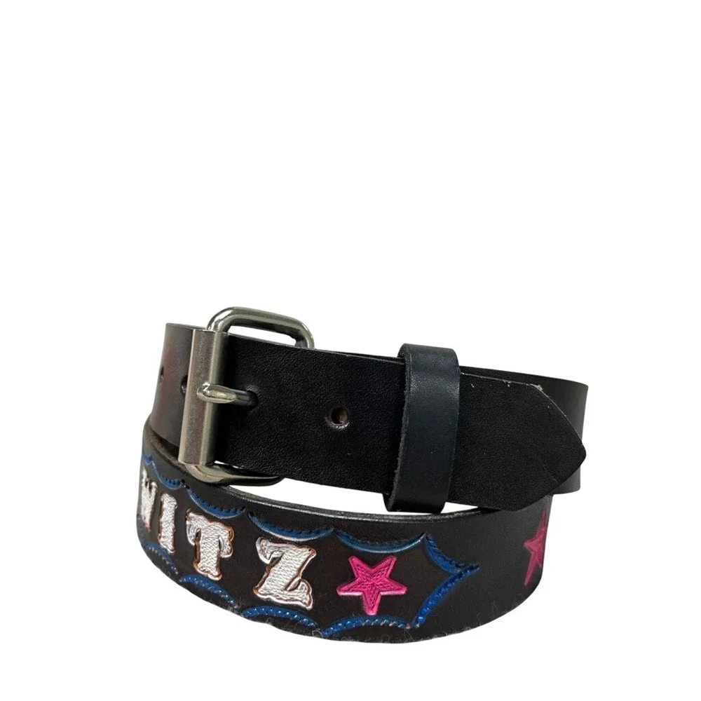 Custom JWITZ Embroidered Black Leather Western Belt Pink Stars Silver Buckle 38